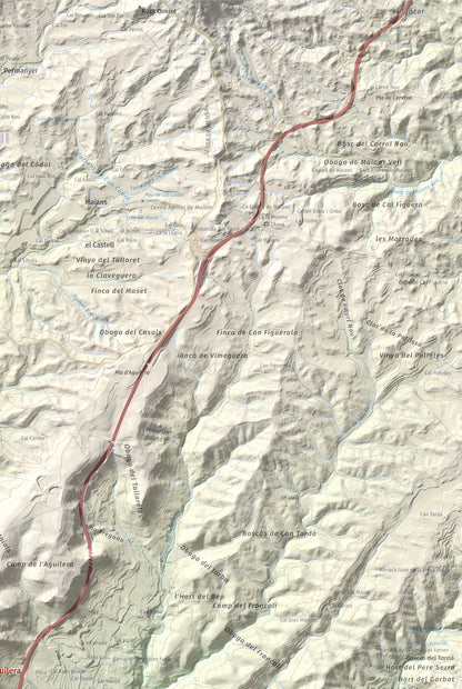 Mapa de relieve de Puig d'Aguilera, 626 m, Anoia, lámina 100 Cims de Trobart. Detalle de la zona superior derecha. 61 × 91 cm.