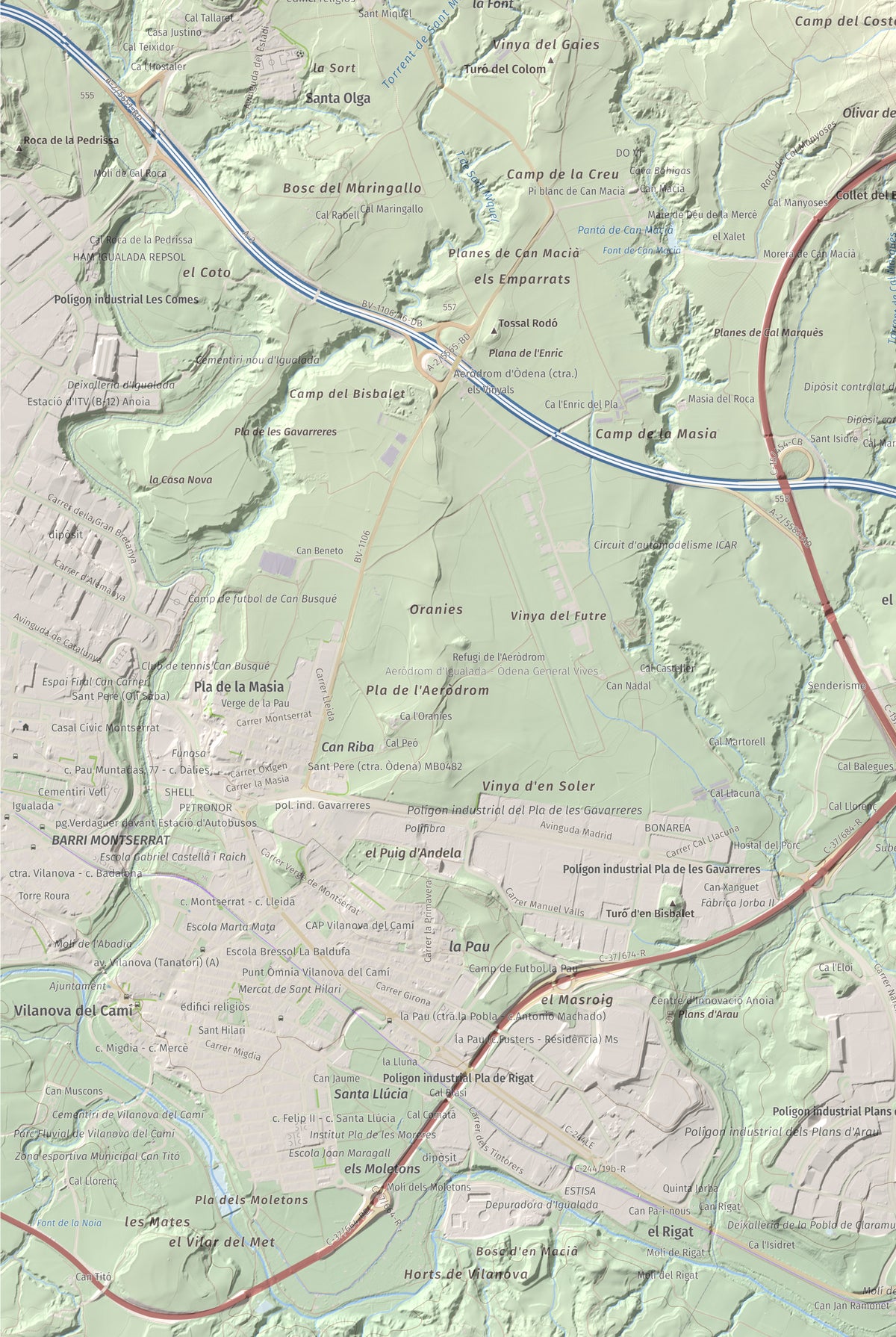 Mapa de relieve de Puig d'Aguilera, 626 m, Anoia, lámina 100 Cims de Trobart. Detalle de la zona inferior izquierda. 61 × 91 cm.
