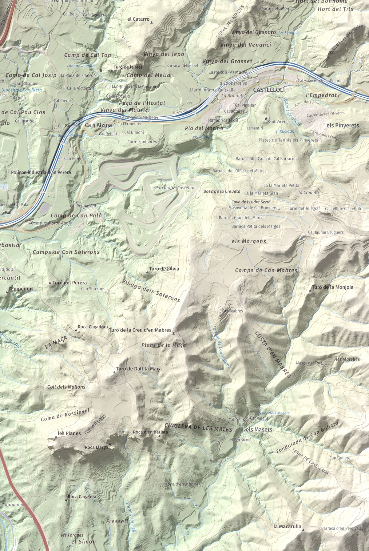 Mapa de relieve de Puig d'Aguilera, 626 m, Anoia, lámina 100 Cims de Trobart. Detalle de la zona inferior derecha. 61 × 91 cm.