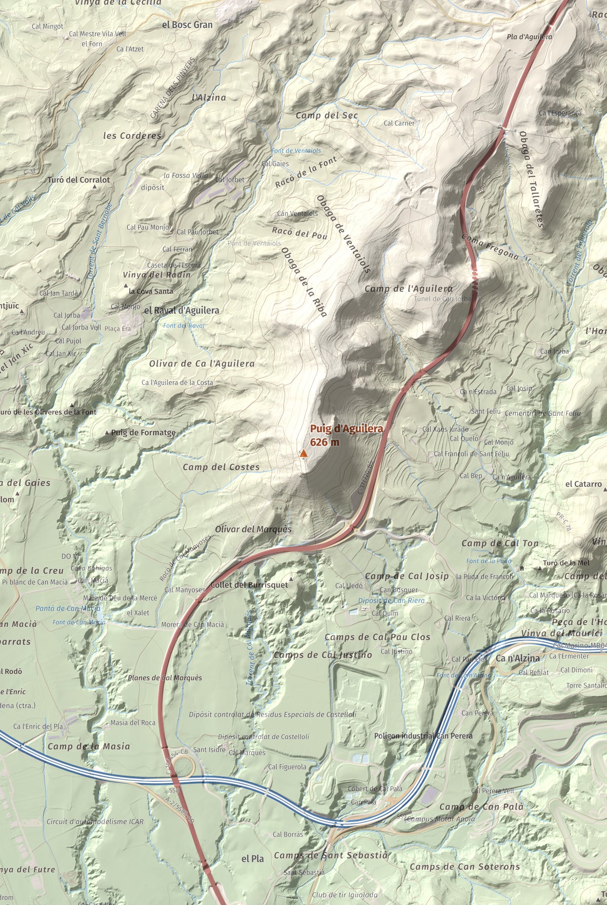 Mapa de relieve de Puig d'Aguilera, 626 m, Anoia, lámina 100 Cims de Trobart. Detalle de la zona central. 61 × 91 cm.