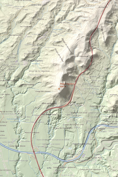 Mapa de relieve de Puig d'Aguilera, 626 m, Anoia, lámina 100 Cims de Trobart. Detalle de la zona central. 61 × 91 cm.