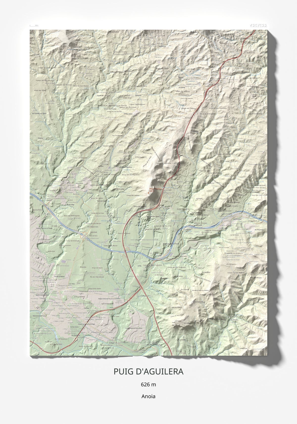 Mapa de relieve de Puig d'Aguilera, 626 m, Anoia, lámina 100 Cims de Trobart 70 × 100 cm.