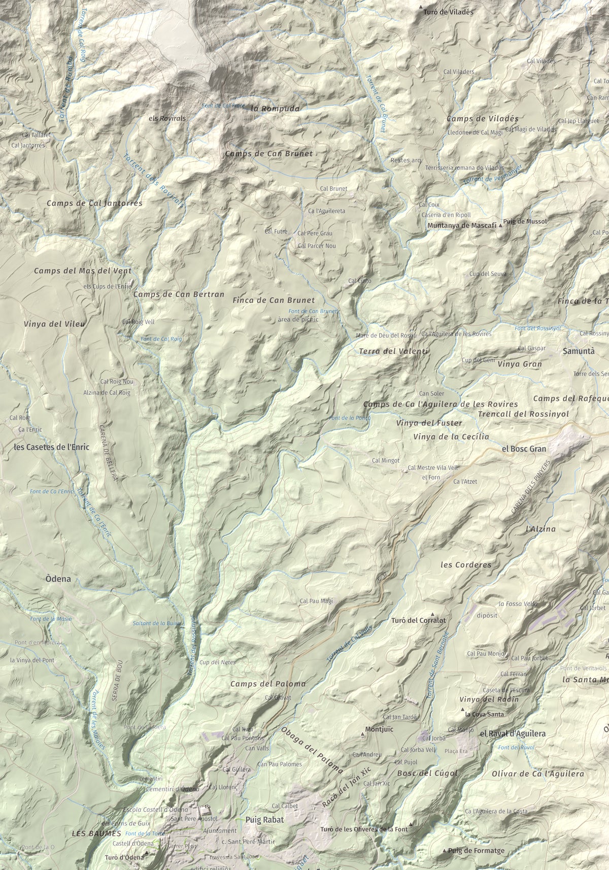 Mapa de relieve de Puig d'Aguilera, 626 m, Anoia, lámina 100 Cims de Trobart. Detalle de la zona superior izquierda. 70 × 100 cm.