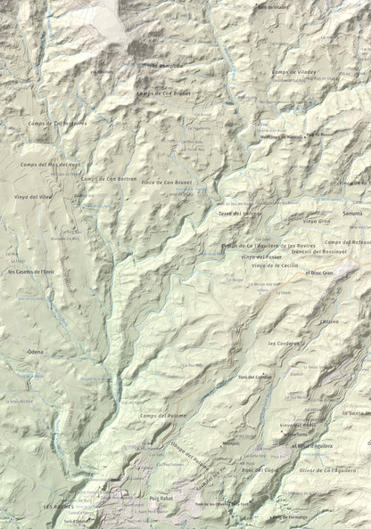 Mapa de relieve de Puig d'Aguilera, 626 m, Anoia, lámina 100 Cims de Trobart. Detalle de la zona superior izquierda. 70 × 100 cm.
