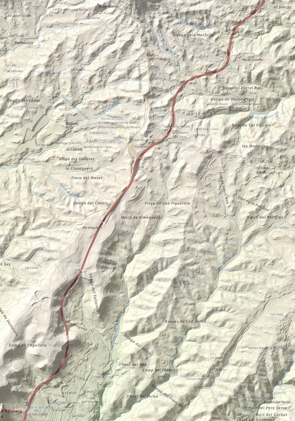 Mapa de relieve de Puig d'Aguilera, 626 m, Anoia, lámina 100 Cims de Trobart. Detalle de la zona superior derecha. 70 × 100 cm.