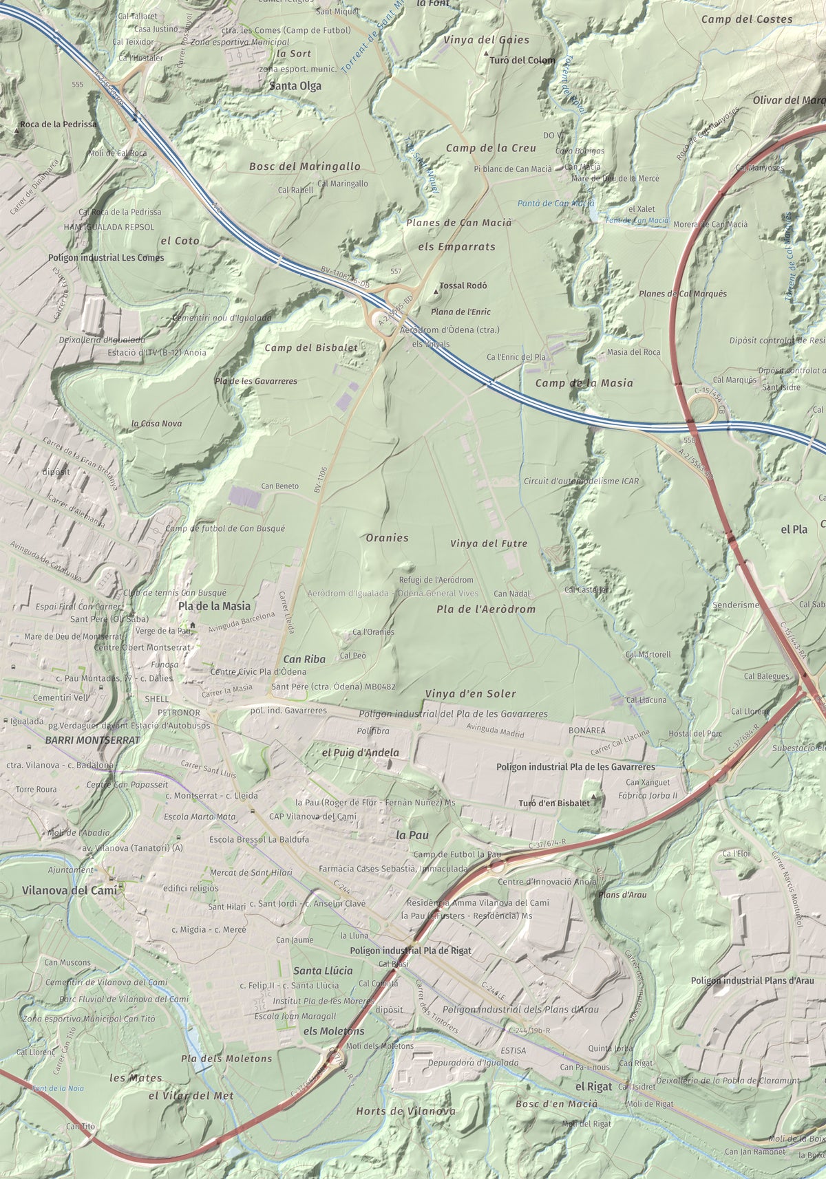 Mapa de relieve de Puig d'Aguilera, 626 m, Anoia, lámina 100 Cims de Trobart. Detalle de la zona inferior izquierda. 70 × 100 cm.