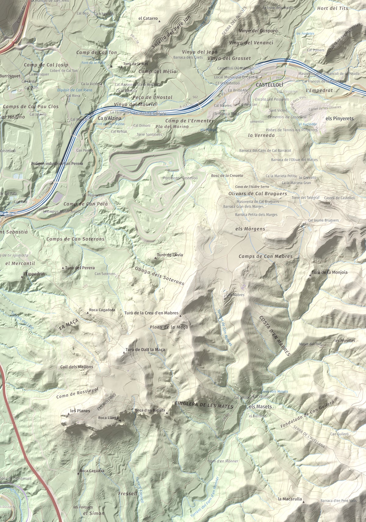 Mapa de relieve de Puig d'Aguilera, 626 m, Anoia, lámina 100 Cims de Trobart. Detalle de la zona inferior derecha. 70 × 100 cm.