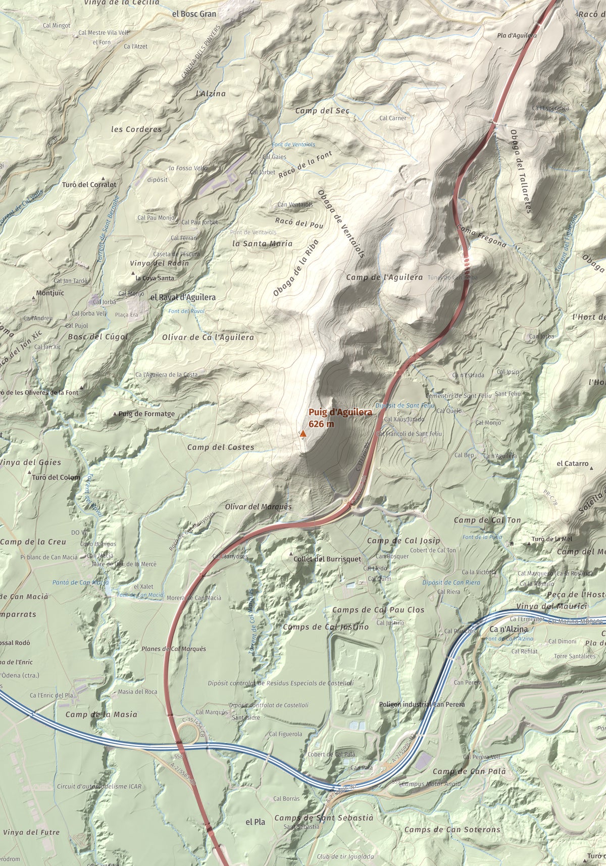 Mapa de relieve de Puig d'Aguilera, 626 m, Anoia, lámina 100 Cims de Trobart. Detalle de la zona central. 70 × 100 cm.