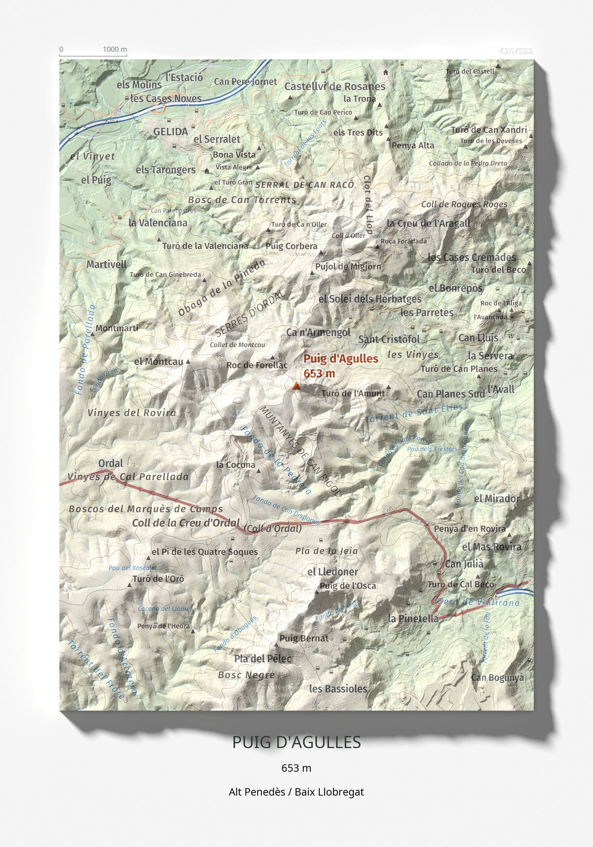 Mapa topogràfic del relleu: Puig d'Agulles, 653 m. Làmina completa. 21 × 30 cm.