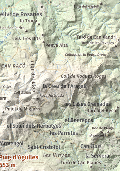 Mapa topogràfic del relleu: Puig d'Agulles, 653 m. Detall de la zona superior dreta. 21 × 30 cm.