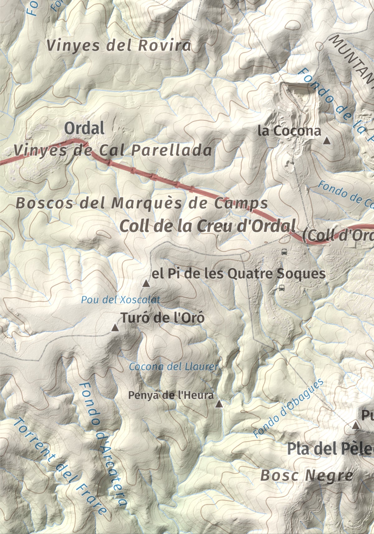 Mapa topogràfic del relleu: Puig d'Agulles, 653 m. Detall de la zona inferior esquerra. 21 × 30 cm.