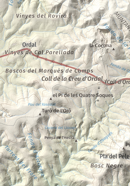 Mapa topogràfic del relleu: Puig d'Agulles, 653 m. Detall de la zona inferior esquerra. 21 × 30 cm.