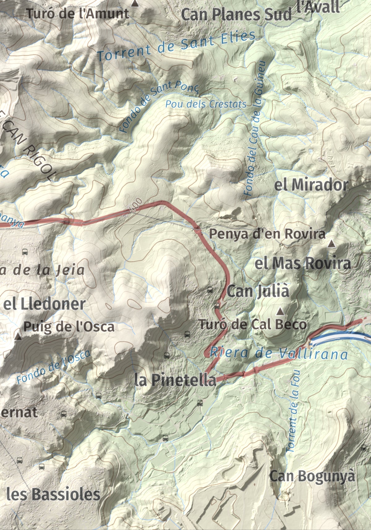 Mapa topogràfic del relleu: Puig d'Agulles, 653 m. Detall de la zona inferior dreta. 21 × 30 cm.