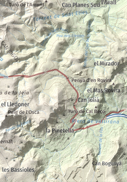 Mapa topogràfic del relleu: Puig d'Agulles, 653 m. Detall de la zona inferior dreta. 21 × 30 cm.