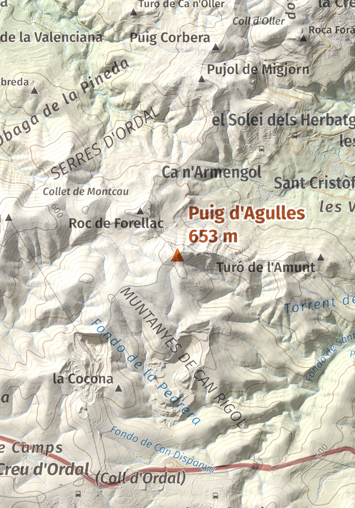 Mapa topogràfic del relleu: Puig d'Agulles, 653 m. Detall de la zona central. 21 × 30 cm.