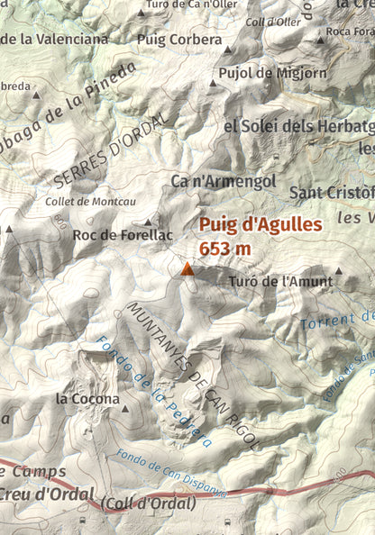 Mapa topogràfic del relleu: Puig d'Agulles, 653 m. Detall de la zona central. 21 × 30 cm.
