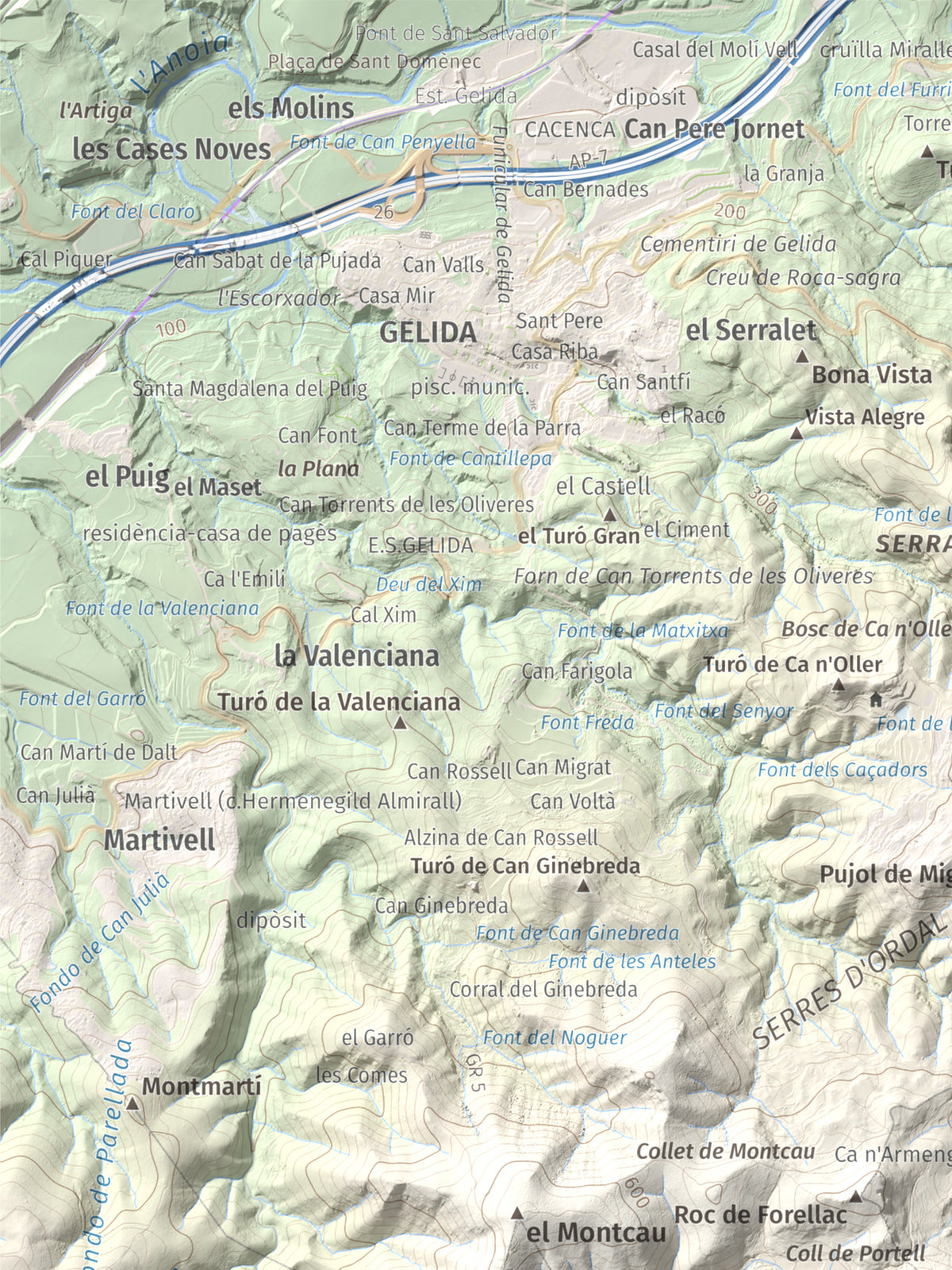 Mapa topogràfic del relleu: Puig d'Agulles, 653 m. Detall de la zona superior esquerra. 30 × 40 cm.