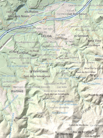 Mapa topogràfic del relleu: Puig d'Agulles, 653 m. Detall de la zona superior esquerra. 30 × 40 cm.