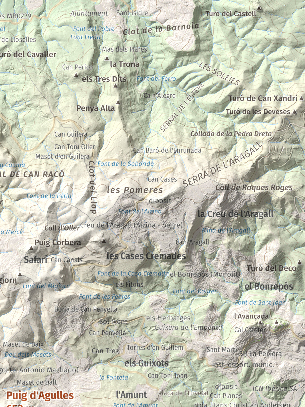 Mapa topogràfic del relleu: Puig d'Agulles, 653 m. Detall de la zona superior dreta. 30 × 40 cm.