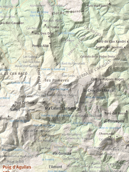 Mapa topogràfic del relleu: Puig d'Agulles, 653 m. Detall de la zona superior dreta. 30 × 40 cm.