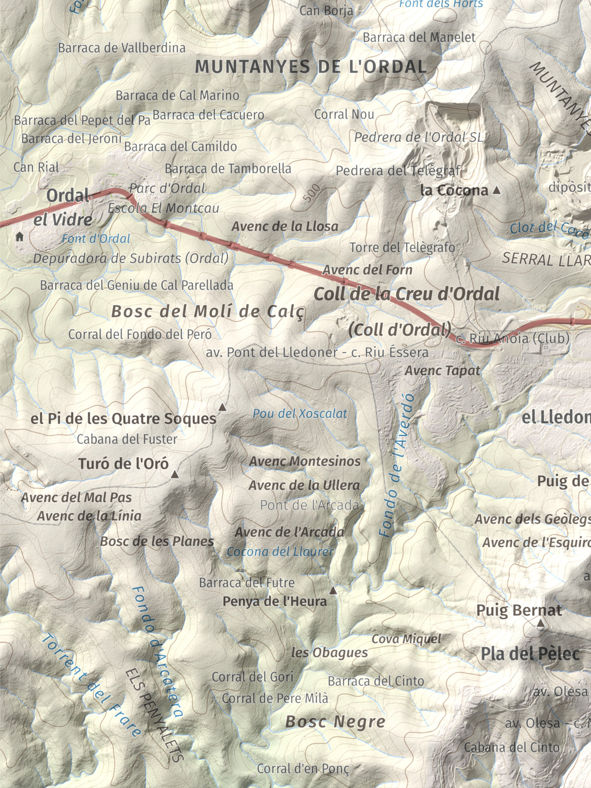 Mapa topogràfic del relleu: Puig d'Agulles, 653 m. Detall de la zona inferior esquerra. 30 × 40 cm.