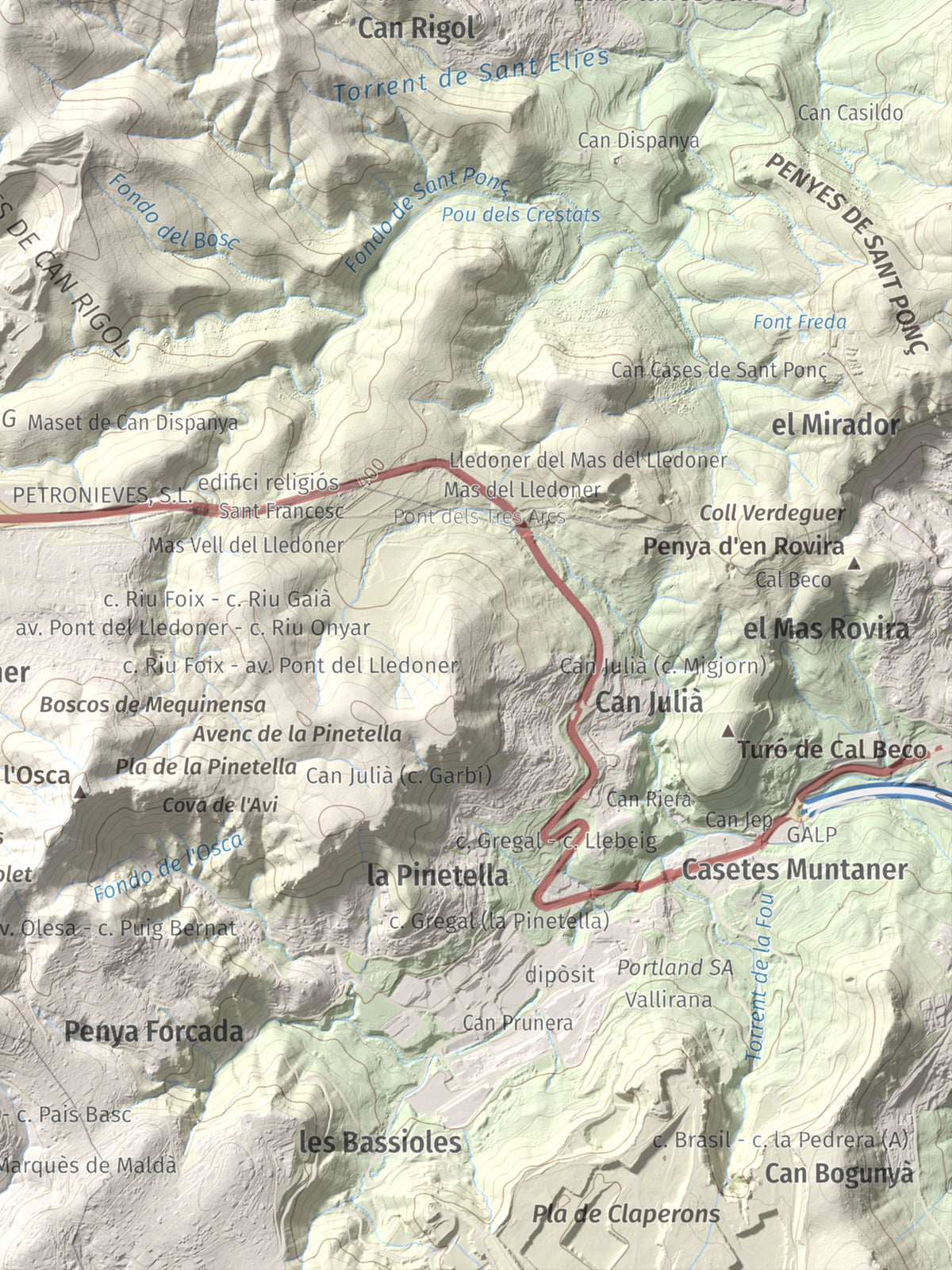 Mapa topogràfic del relleu: Puig d'Agulles, 653 m. Detall de la zona inferior dreta. 30 × 40 cm.