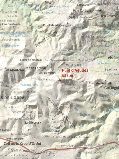 Mapa topogràfic del relleu: Puig d'Agulles, 653 m. Detall de la zona central. 30 × 40 cm.