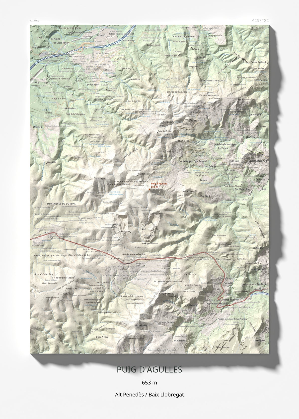 Mapa topogràfic del relleu: Puig d'Agulles, 653 m. Làmina completa. 50 × 70 cm.