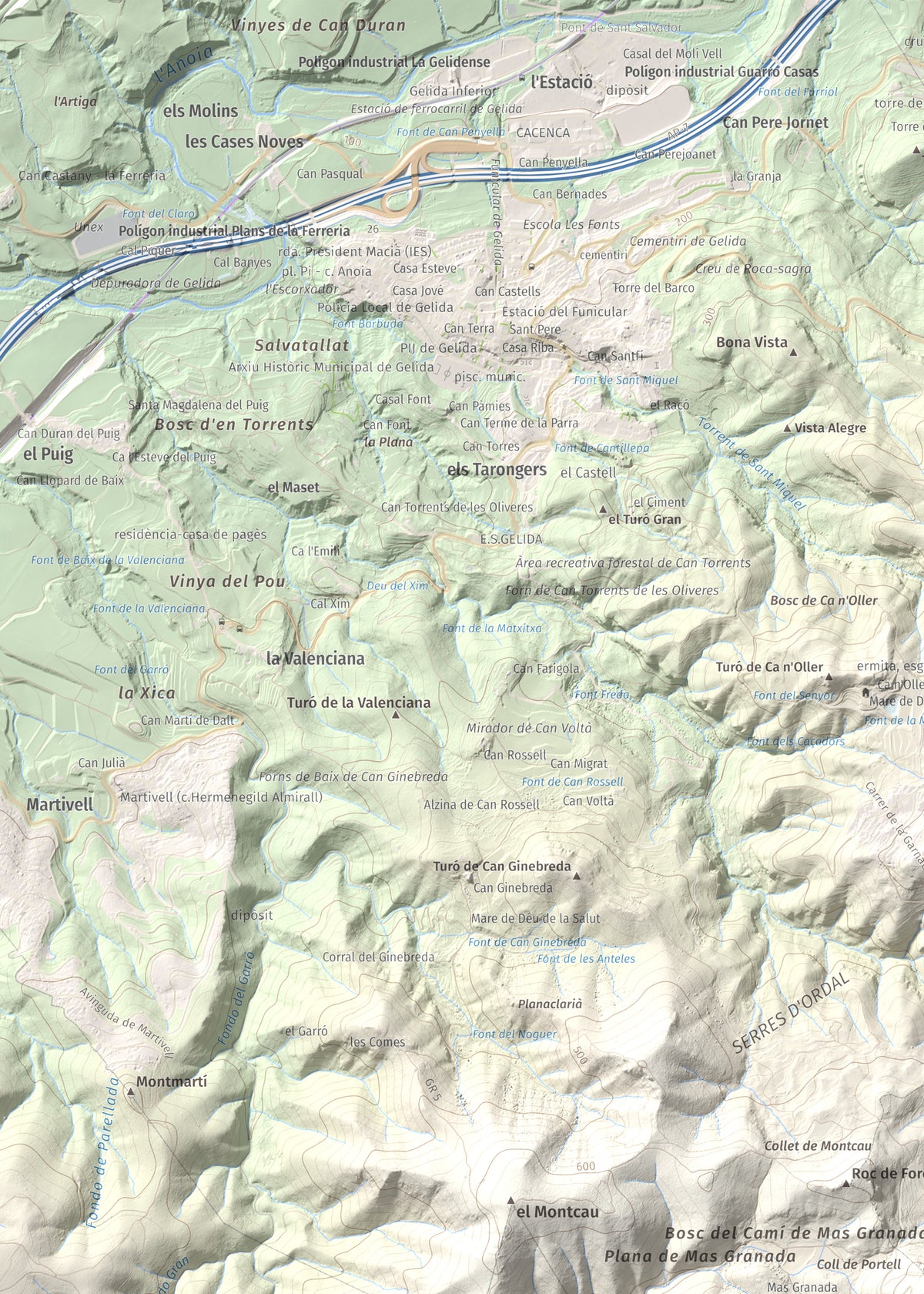 Mapa topogràfic del relleu: Puig d'Agulles, 653 m. Detall de la zona superior esquerra. 50 × 70 cm.