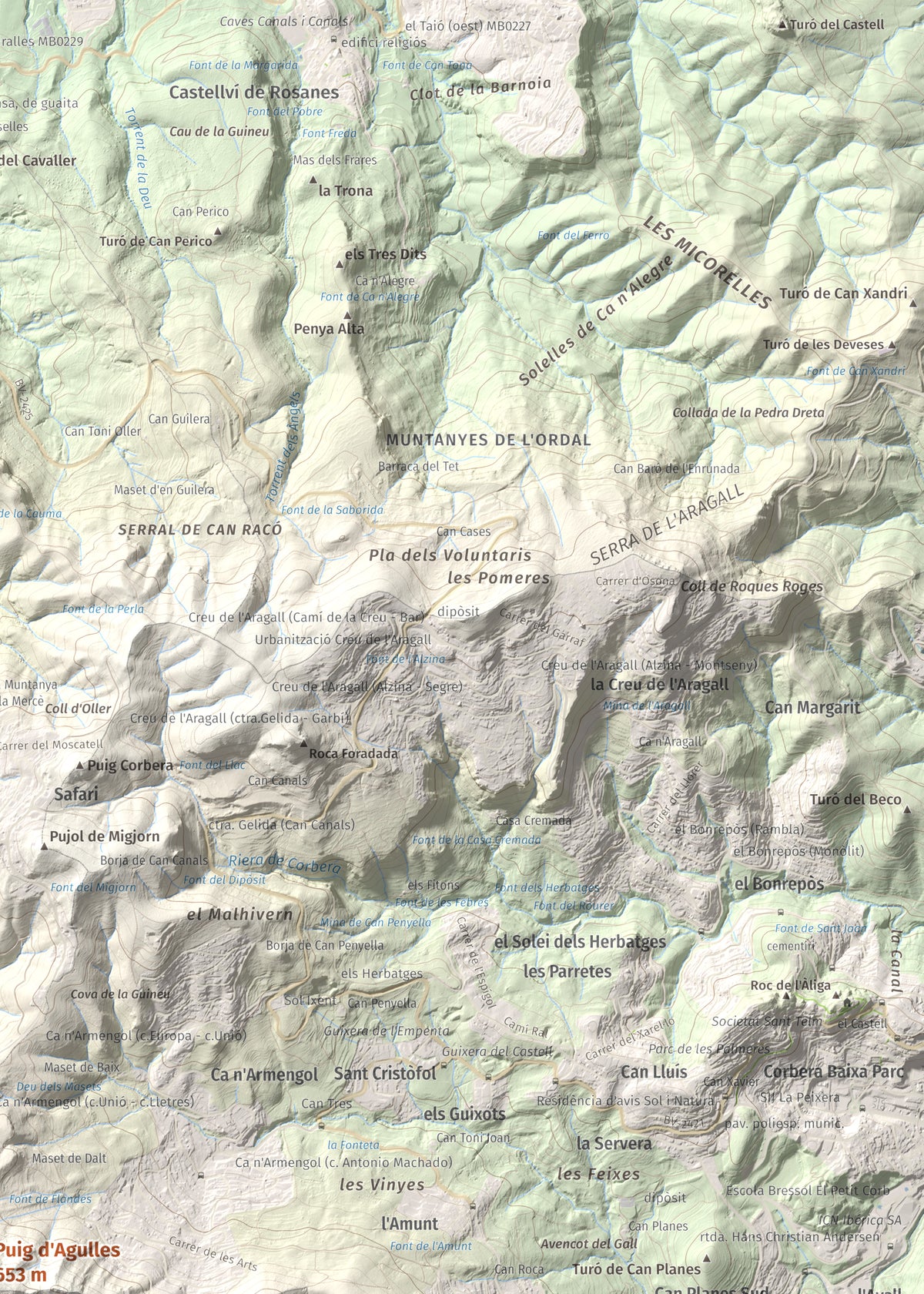 Mapa topogràfic del relleu: Puig d'Agulles, 653 m. Detall de la zona superior dreta. 50 × 70 cm.