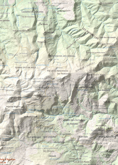 Mapa topogràfic del relleu: Puig d'Agulles, 653 m. Detall de la zona superior dreta. 50 × 70 cm.