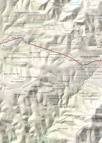 Mapa topogràfic del relleu: Puig d'Agulles, 653 m. Detall de la zona inferior esquerra. 50 × 70 cm.