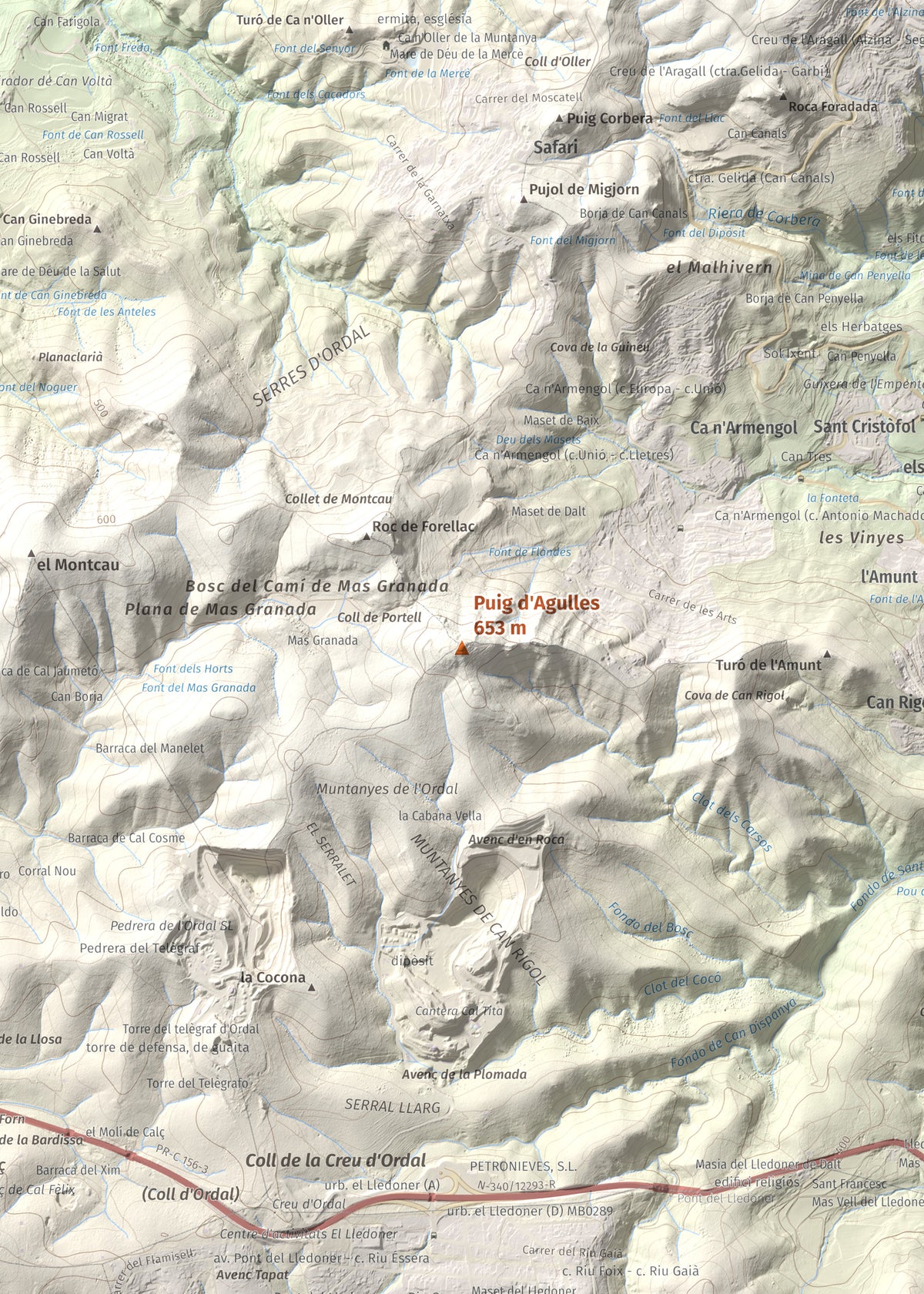 Mapa topogràfic del relleu: Puig d'Agulles, 653 m. Detall de la zona central. 50 × 70 cm.