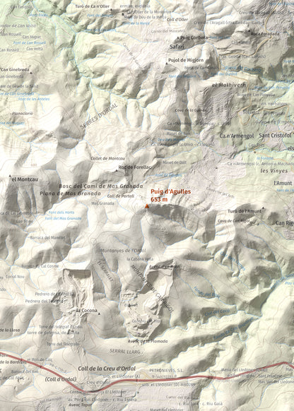 Mapa topogràfic del relleu: Puig d'Agulles, 653 m. Detall de la zona central. 50 × 70 cm.