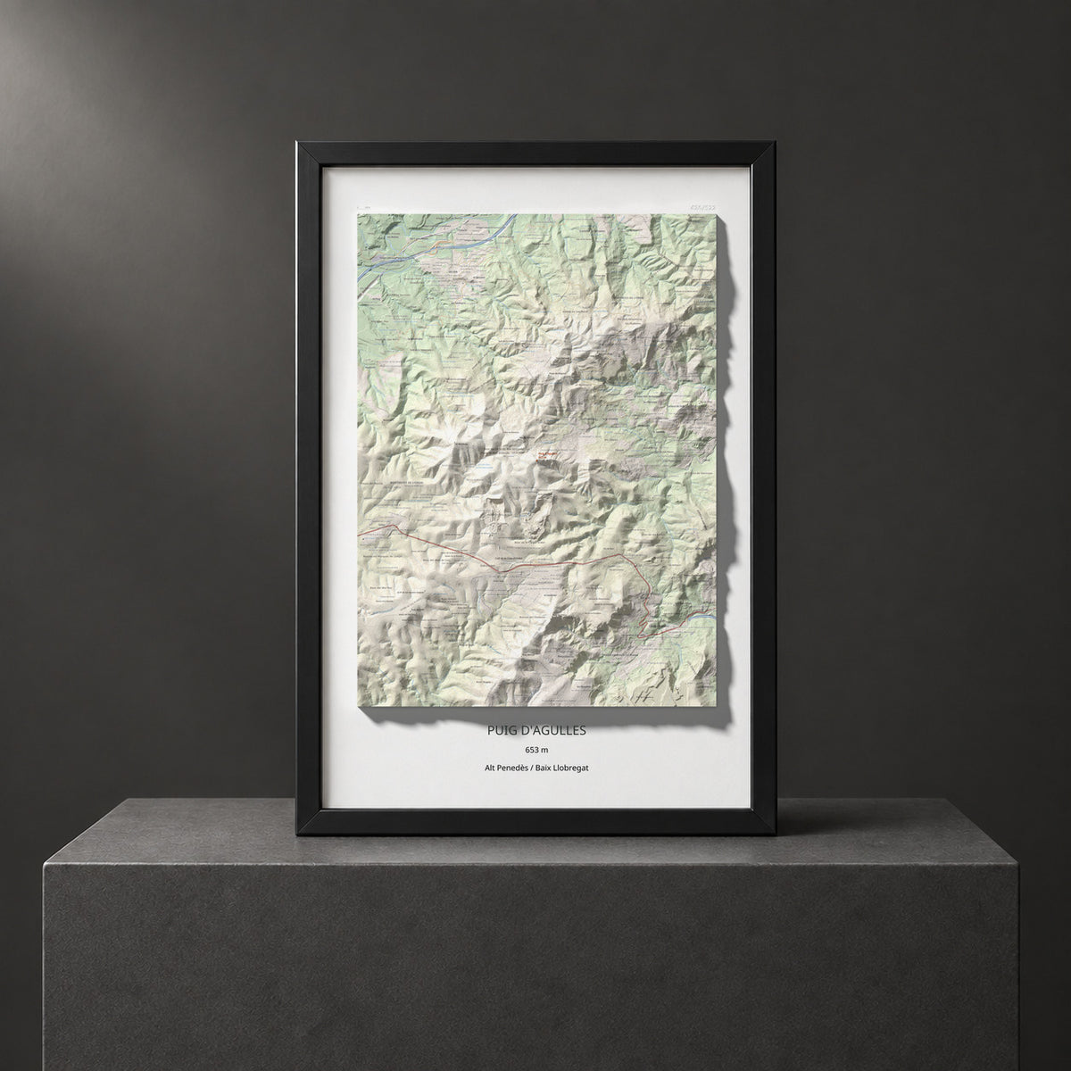 Mapa topogràfic del relleu: Puig d'Agulles, 653 m. Presentació emmarcada. 61 × 91 cm.