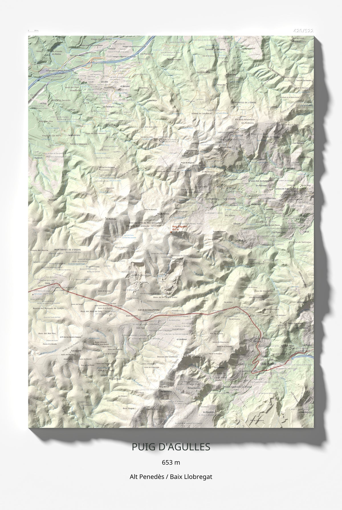Mapa topogràfic del relleu: Puig d'Agulles, 653 m. Làmina completa. 61 × 91 cm.
