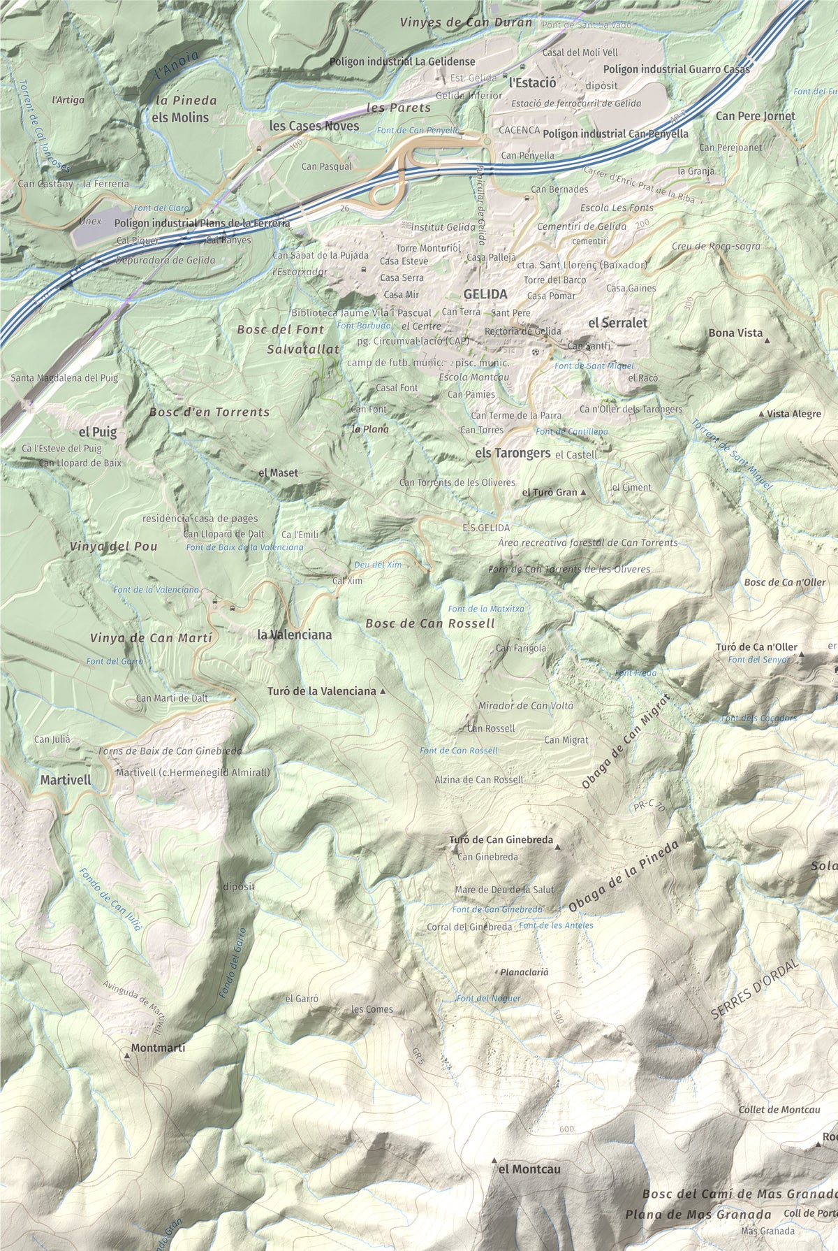 Mapa topogràfic del relleu: Puig d'Agulles, 653 m. Detall de la zona superior esquerra. 61 × 91 cm.