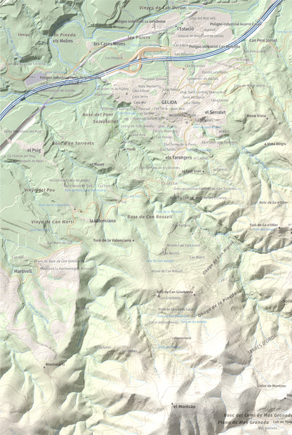 Mapa topogràfic del relleu: Puig d'Agulles, 653 m. Detall de la zona superior esquerra. 61 × 91 cm.