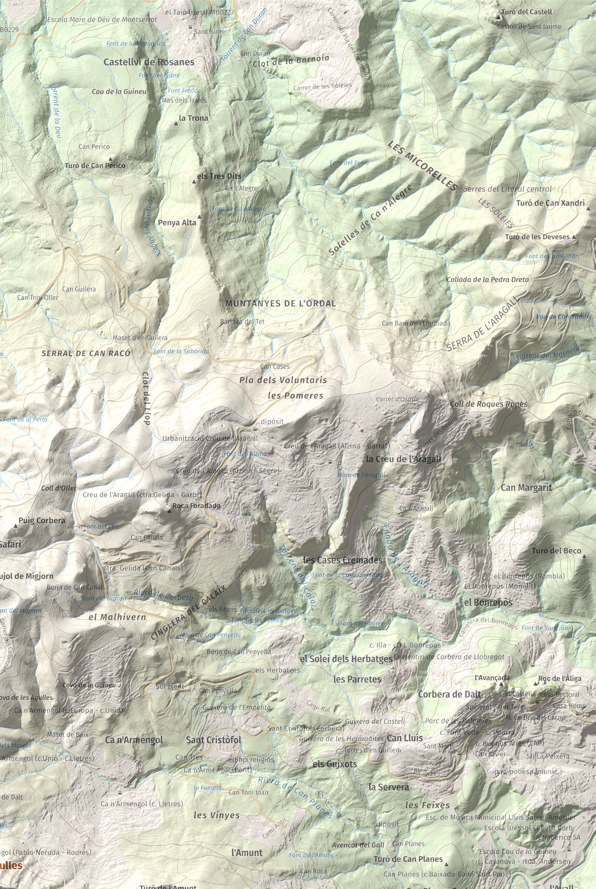 Mapa topogràfic del relleu: Puig d'Agulles, 653 m. Detall de la zona superior dreta. 61 × 91 cm.