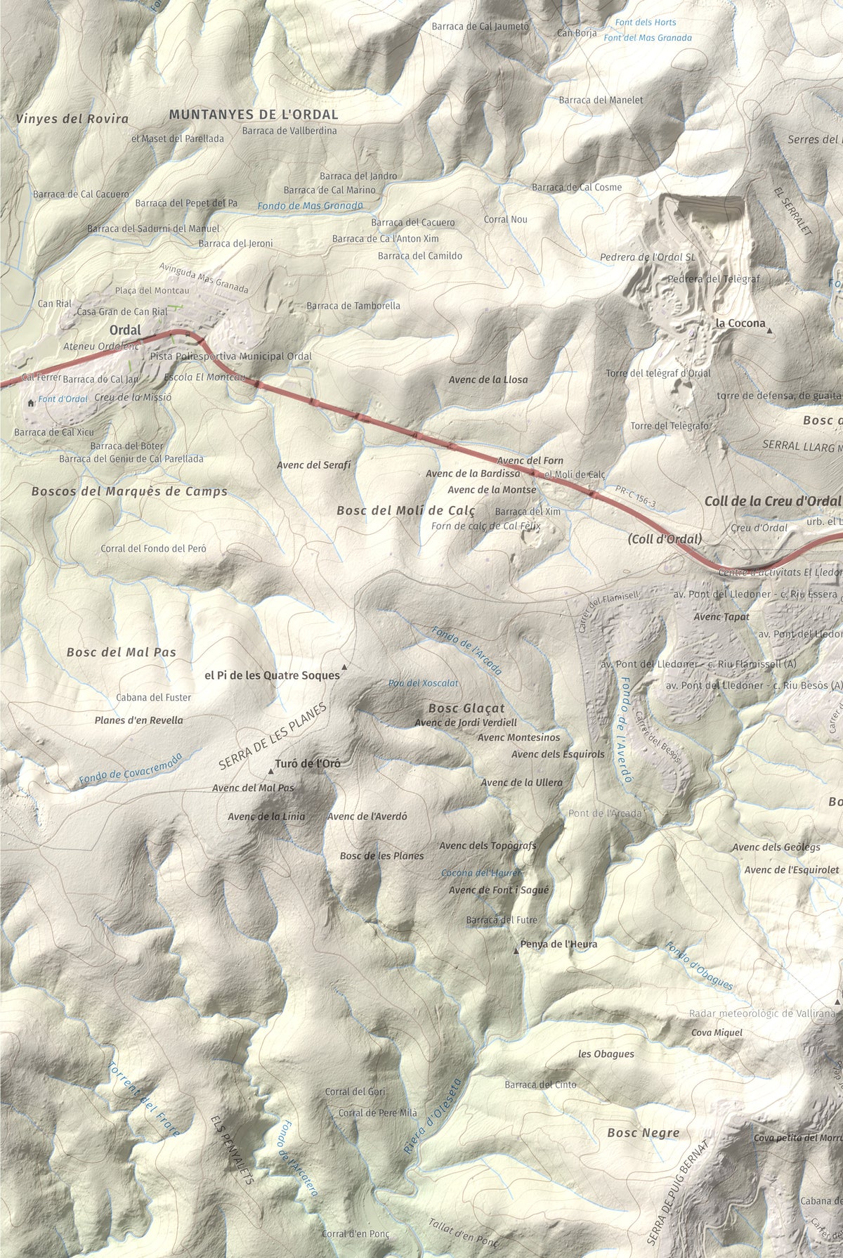 Mapa topogràfic del relleu: Puig d'Agulles, 653 m. Detall de la zona inferior esquerra. 61 × 91 cm.