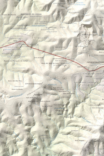 Mapa topogràfic del relleu: Puig d'Agulles, 653 m. Detall de la zona inferior esquerra. 61 × 91 cm.