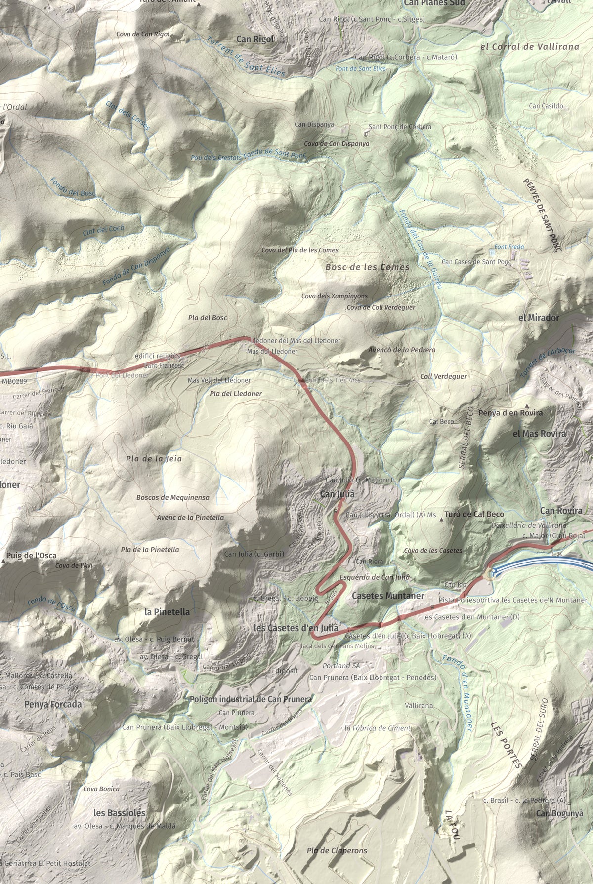 Mapa topogràfic del relleu: Puig d'Agulles, 653 m. Detall de la zona inferior dreta. 61 × 91 cm.