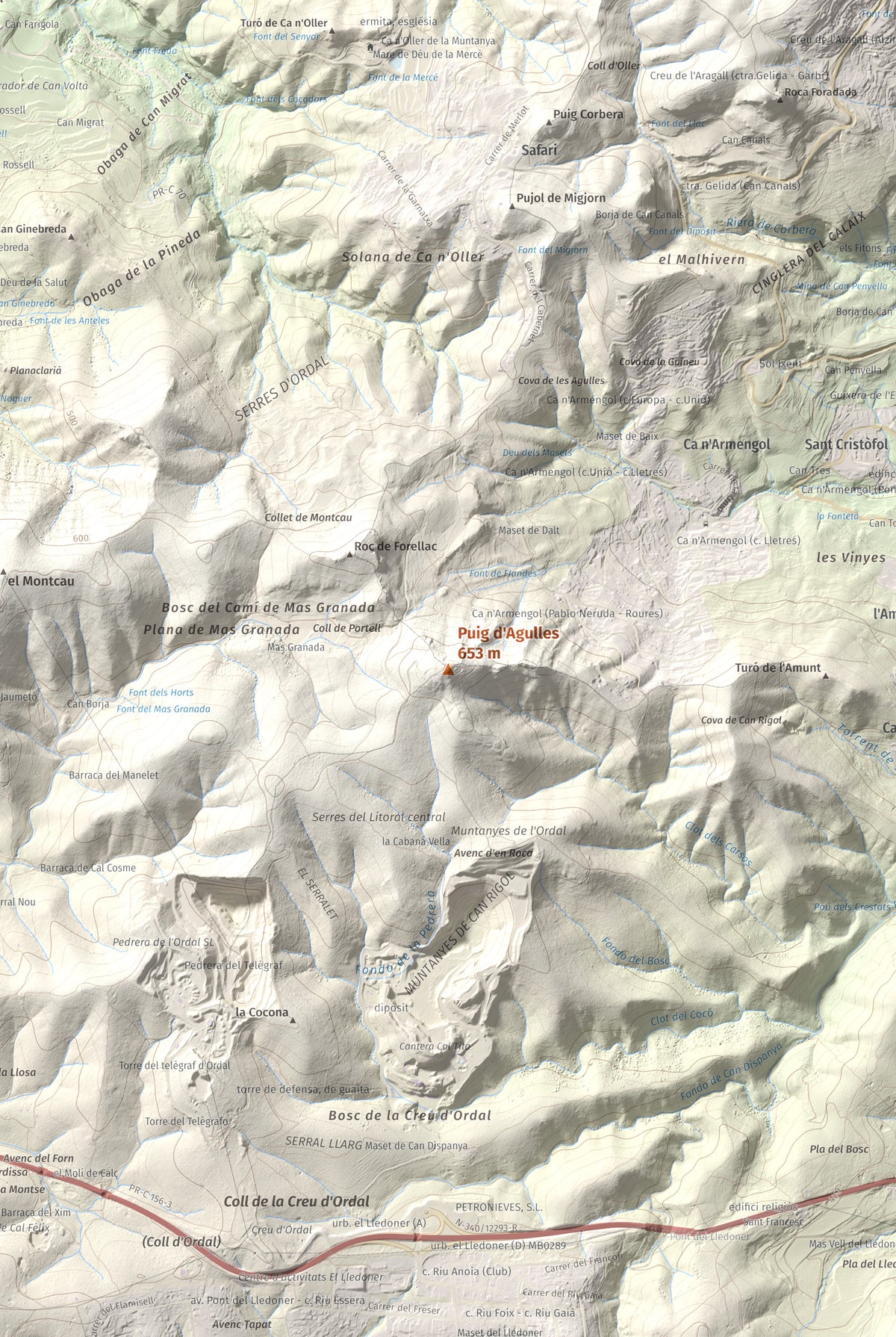 Mapa topogràfic del relleu: Puig d'Agulles, 653 m. Detall de la zona central. 61 × 91 cm.