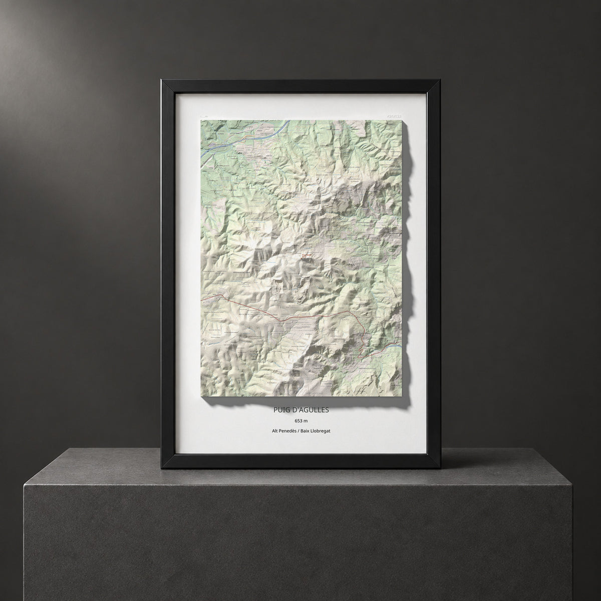 Mapa topogràfic del relleu: Puig d'Agulles, 653 m. Presentació emmarcada. 70 × 100 cm.