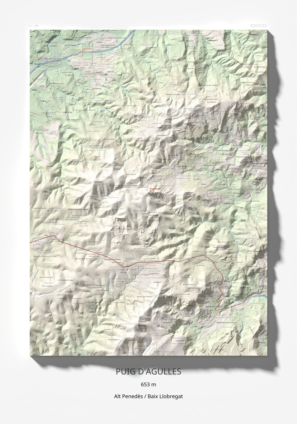 Mapa topogràfic del relleu: Puig d'Agulles, 653 m. Làmina completa. 70 × 100 cm.