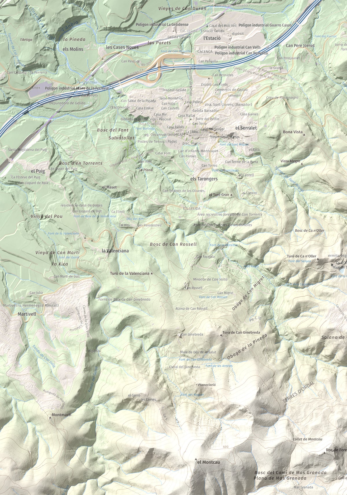 Mapa topogràfic del relleu: Puig d'Agulles, 653 m. Detall de la zona superior esquerra. 70 × 100 cm.