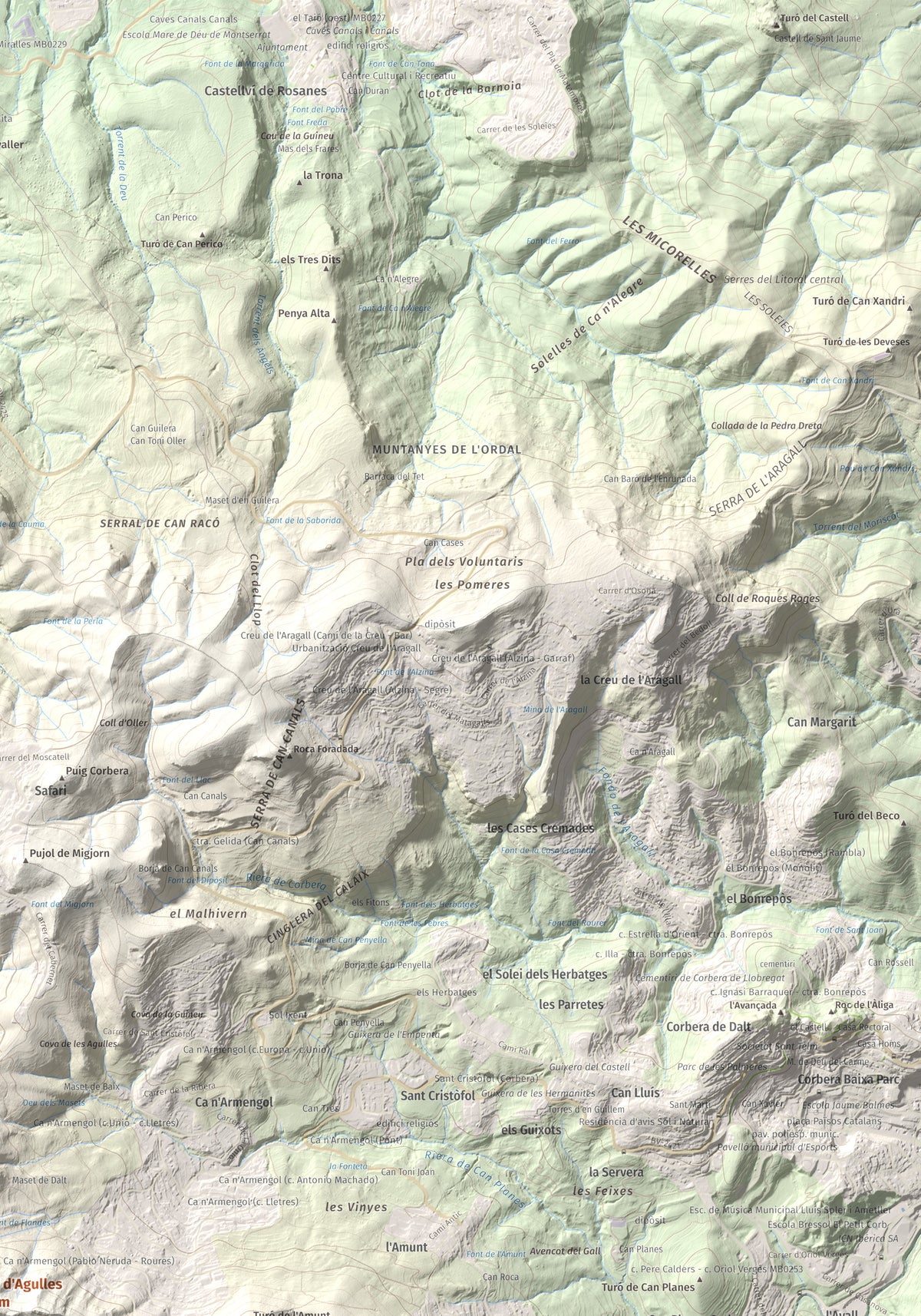 Mapa topogràfic del relleu: Puig d'Agulles, 653 m. Detall de la zona superior dreta. 70 × 100 cm.
