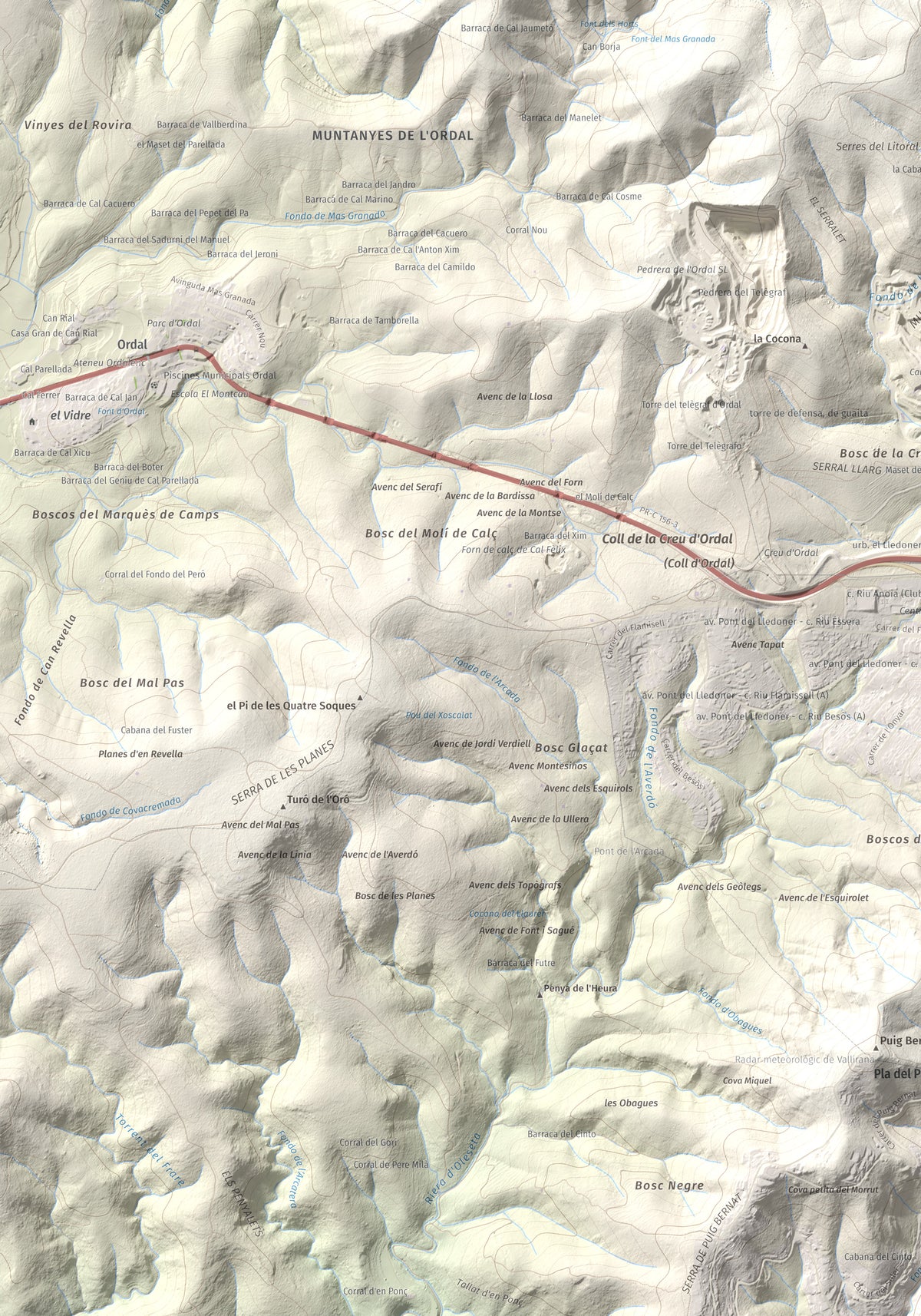 Mapa topogràfic del relleu: Puig d'Agulles, 653 m. Detall de la zona inferior esquerra. 70 × 100 cm.