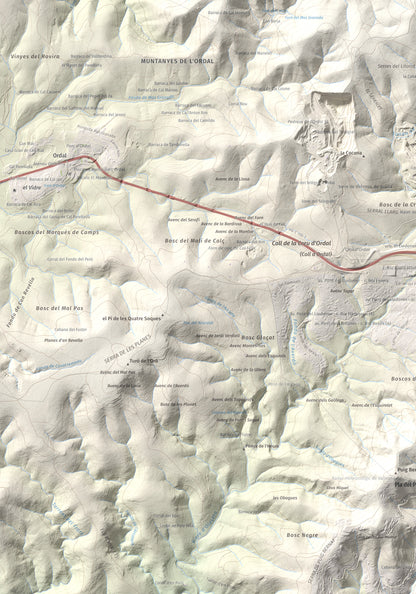 Mapa topogràfic del relleu: Puig d'Agulles, 653 m. Detall de la zona inferior esquerra. 70 × 100 cm.