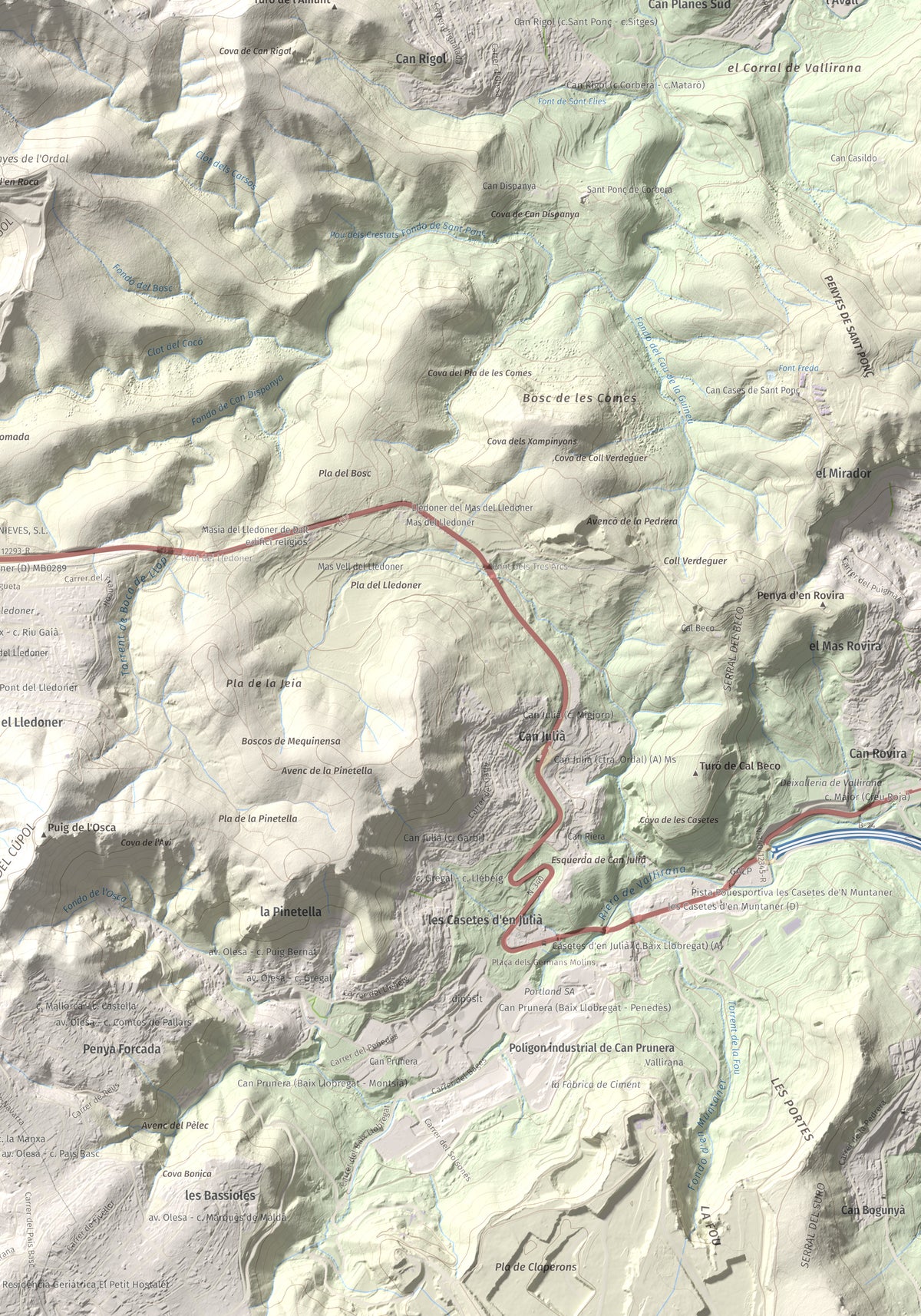 Mapa topogràfic del relleu: Puig d'Agulles, 653 m. Detall de la zona inferior dreta. 70 × 100 cm.